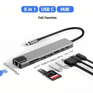 8-in-1 Type-C Hub USB C Adapter: USB 3.1 to 4K HDMI, RJ45, SD/TF Card Reader, PD Fast Charging for Laptop/Computer